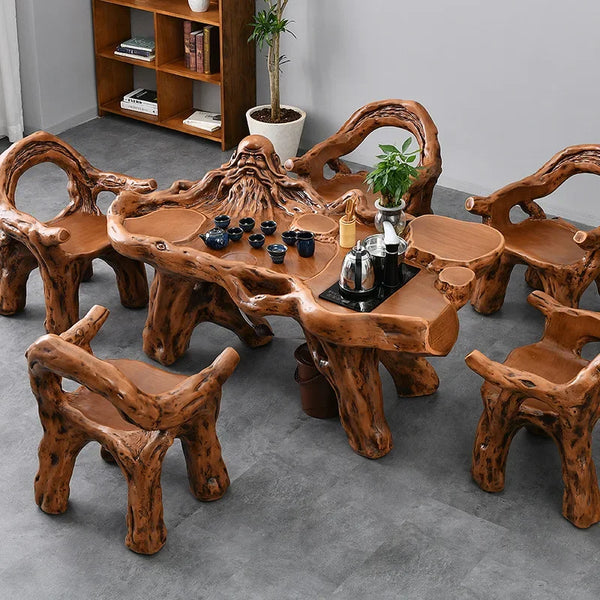 Imitation Wood Root Carved Tea Table & Chair Set